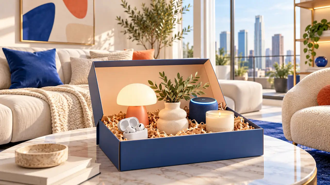 Box Trend Box ouverte avec des objets tech et déco colorés