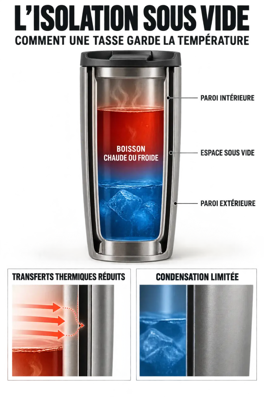 Schéma du fonctionnement d’une tasse isotherme à double paroi et isolation sous vide