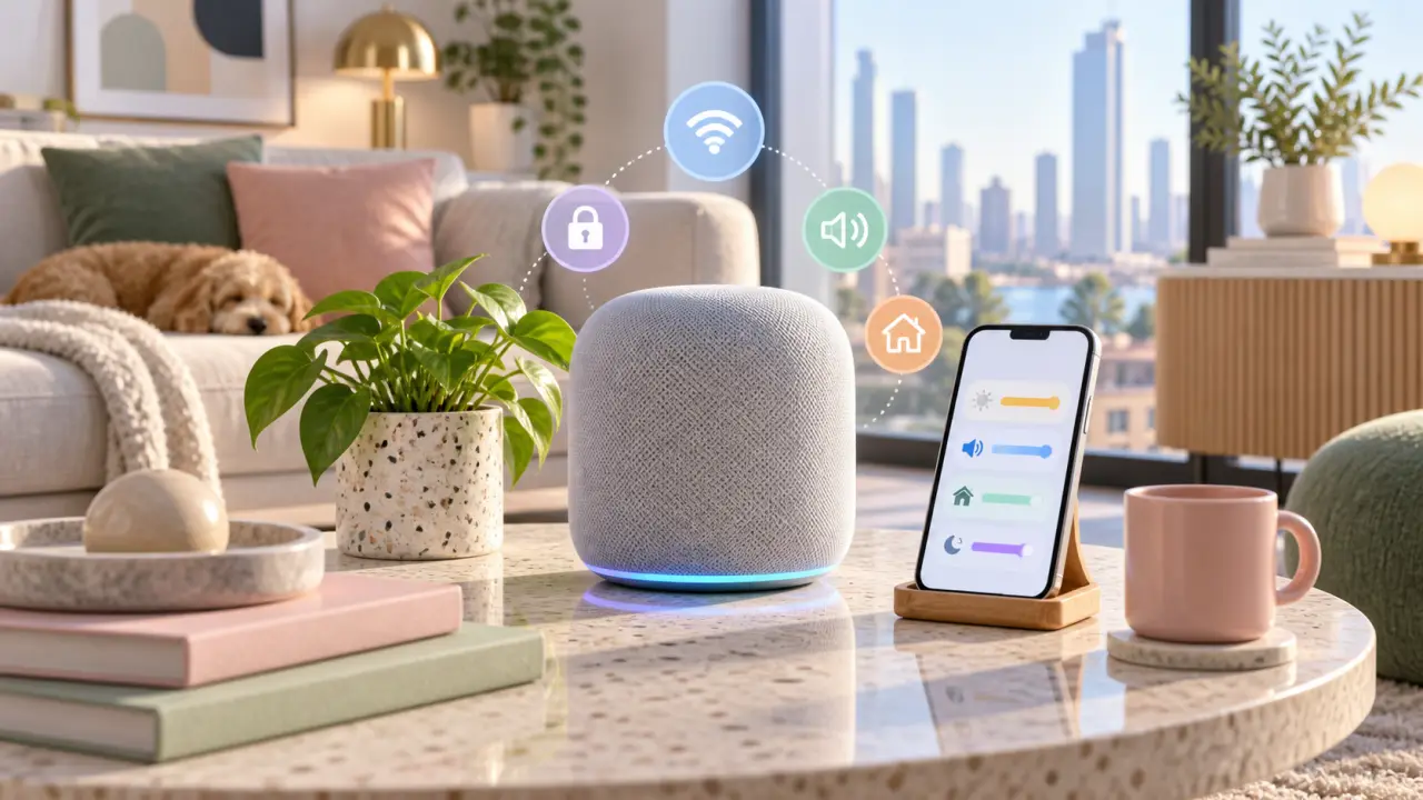 Enceinte connectée design dans un intérieur moderne et coloré