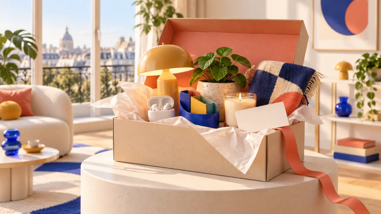 Déballage d'une box lifestyle avec des objets design et tech sur une table moderne