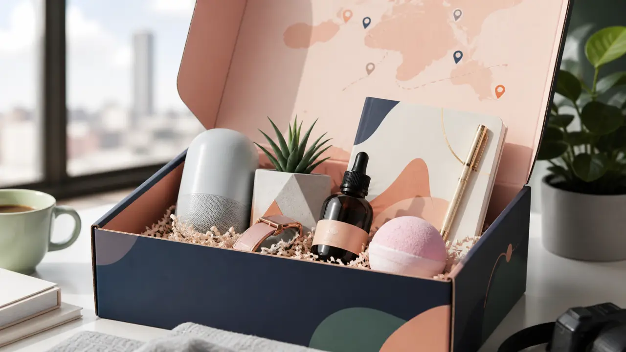Boîte Trend Box ouverte avec objets design, tech et déco colorés