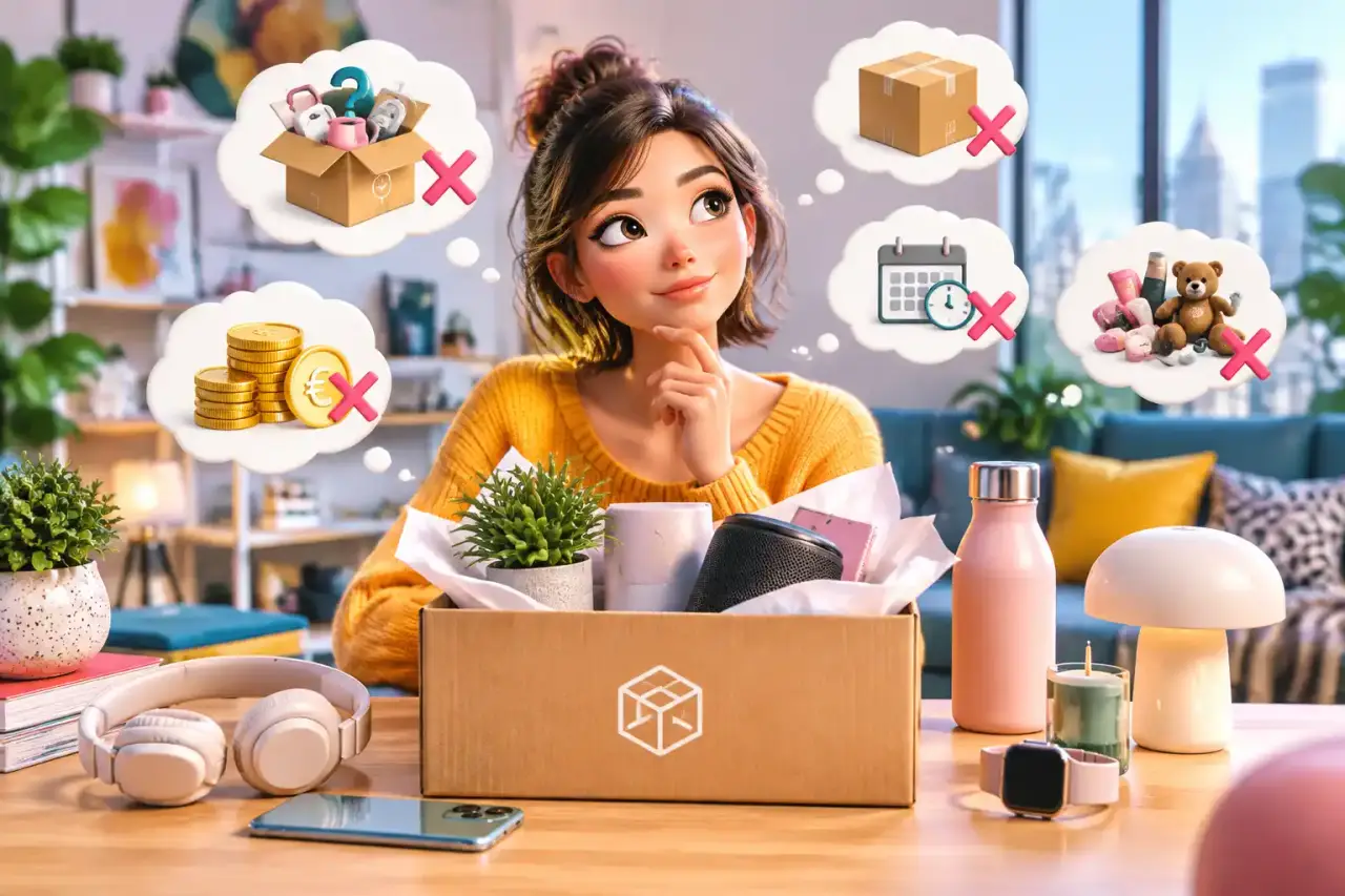 Box lifestyle colorée contenant des objets design, tech et décoration