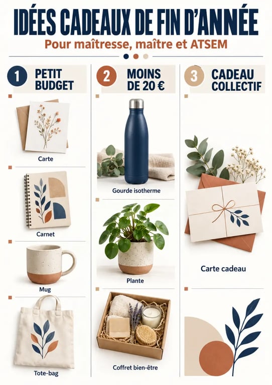 Infographie d’idées cadeaux maîtresses par budget pour maîtresse, maître et ATSEM