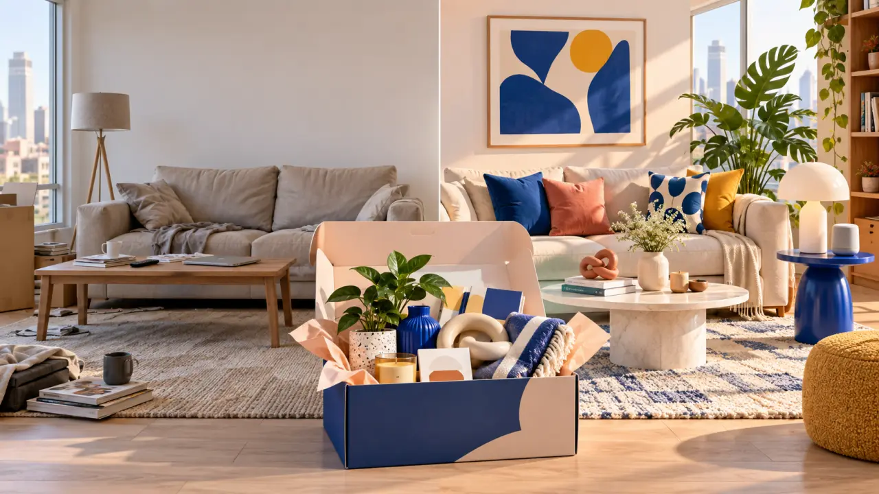 Salon moderne avant et après l'ajout d'objets design issus d'une box tendance
