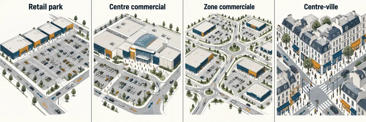 Infographie comparative des caractéristiques d’un retail park, d’un centre commercial et d’une zone commerciale