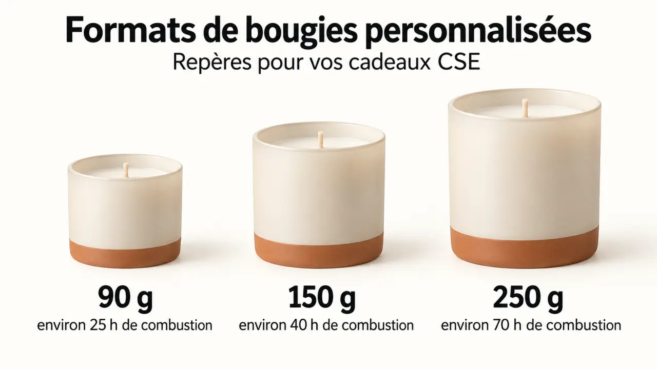 Bougies idées cadeaux CSE : comparaison des formats 90 g, 150 g et 250 g selon leur durée de combustion