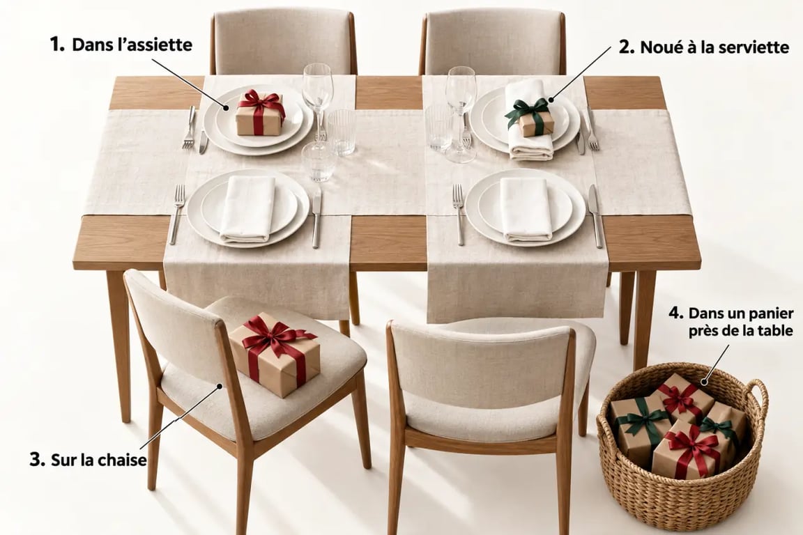 Différentes façons de placer un cadeau table de Noël dans l'assiette, sur la serviette ou sur la chaise