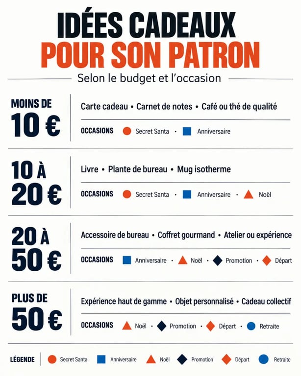 Infographie des idées cadeaux pour patron selon le budget et l’occasion