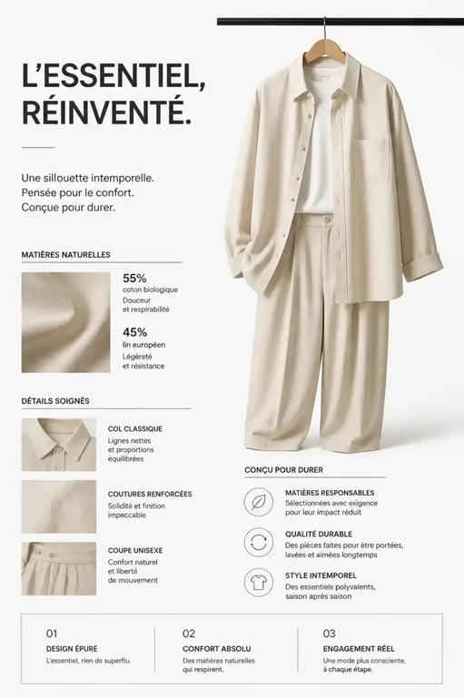 Vestiaire non genré et minimaliste typique d'une marque aesthetic