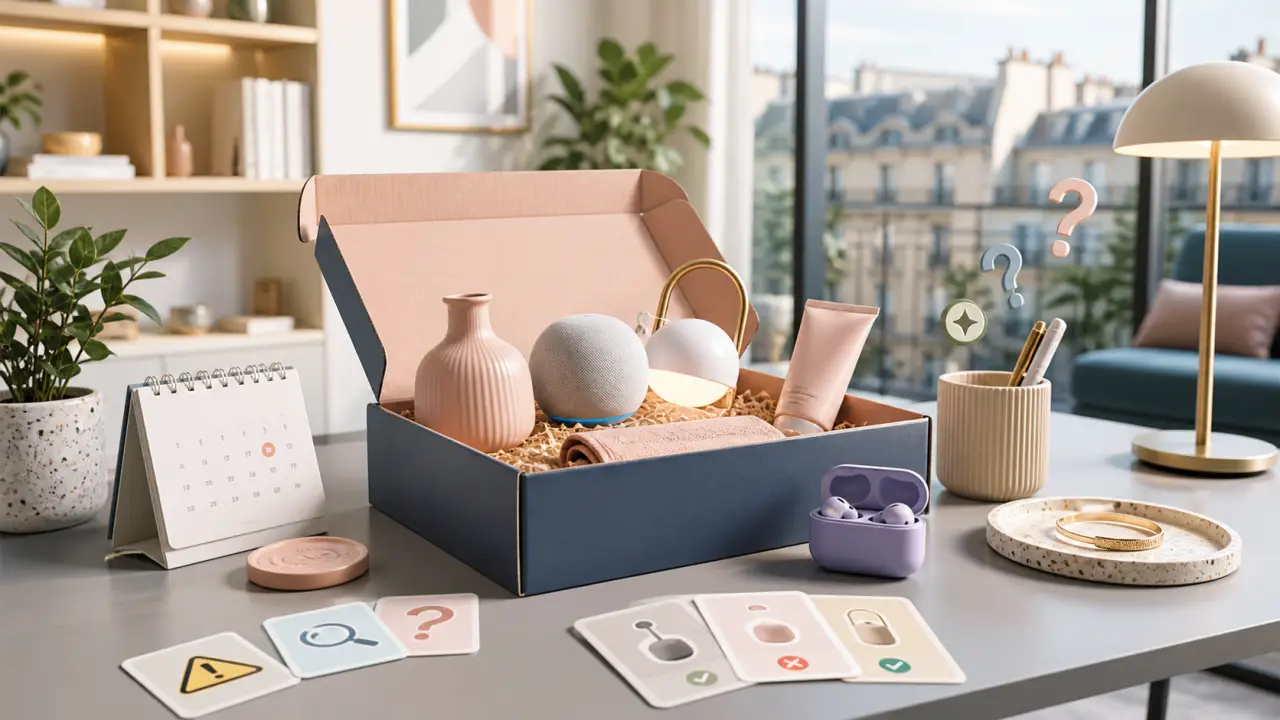 Box design mensuelle ouverte avec objets tendance