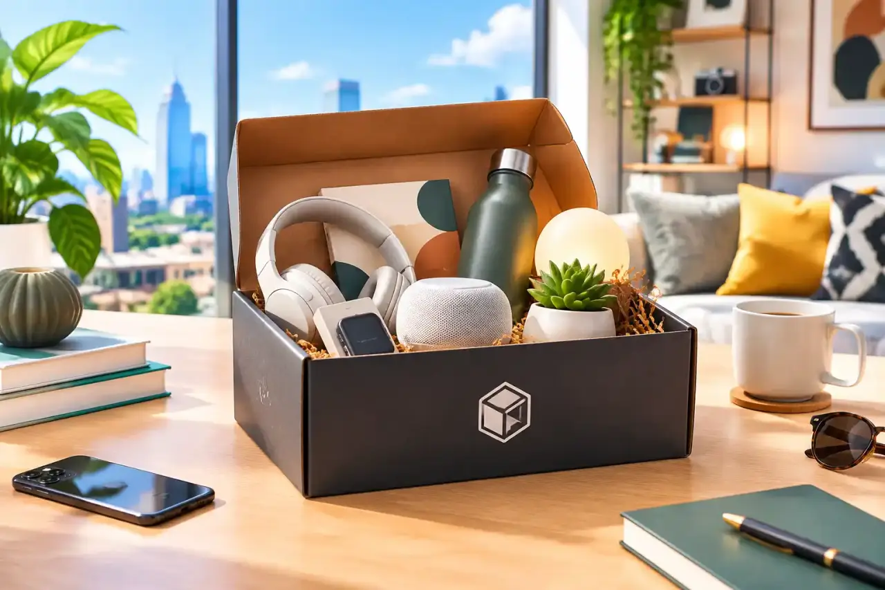 Box lifestyle mensuelle ouverte avec des objets design, tech et décoration