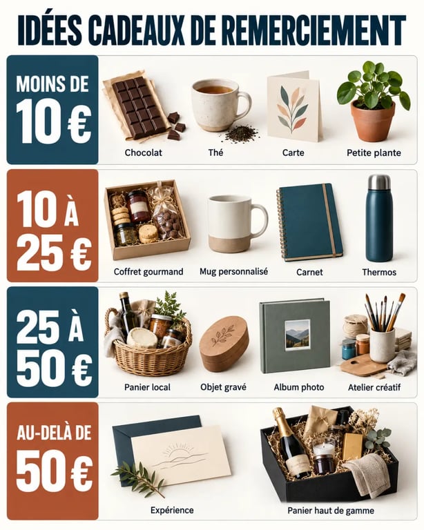 Infographie des idées cadeaux de remerciement selon le budget