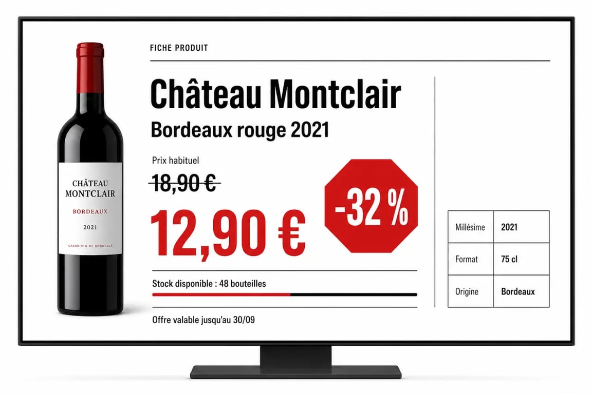 Promotion vin : fiche produit claire avec prix barré, prix promo et remise