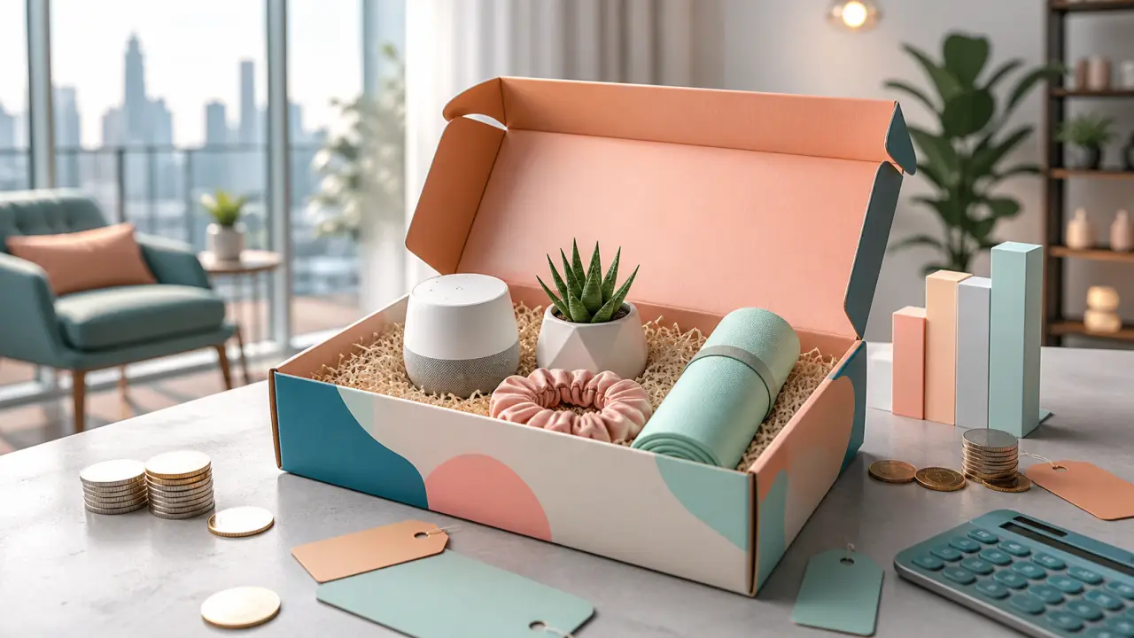 Box Trend Box ouverte avec des objets design, tech et déco qui jaillissent dans une ambiance colorée
