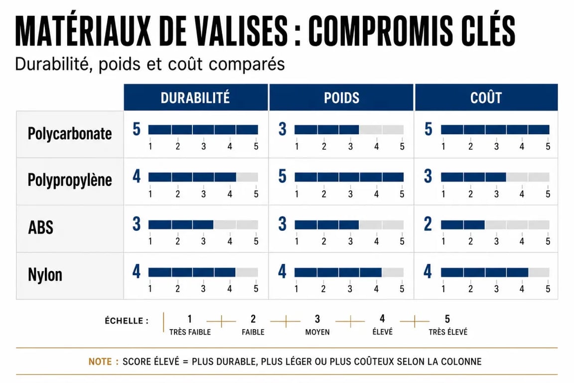 Comparatif des matériaux pour une marque de valises : résistance, poids et prix