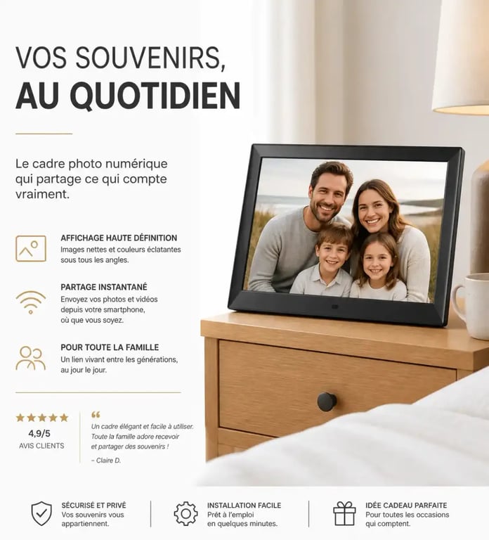 Idées cadeaux papy et mamie : un cadre photo connecté pour rester en contact facilement.