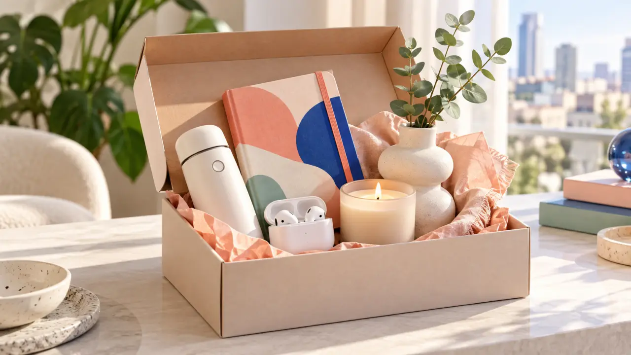Une box lifestyle colorée ouverte avec des objets design, tech et décoration