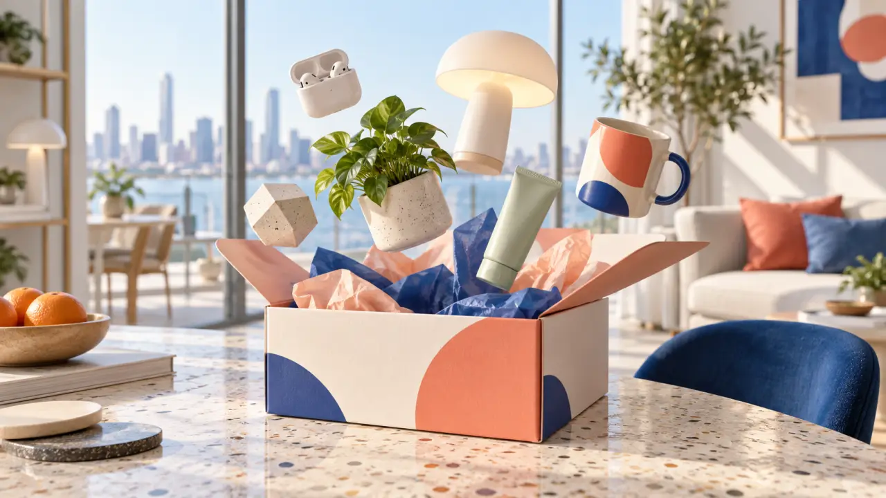Box design et lifestyle ouverte avec des objets tech et décoration tendance