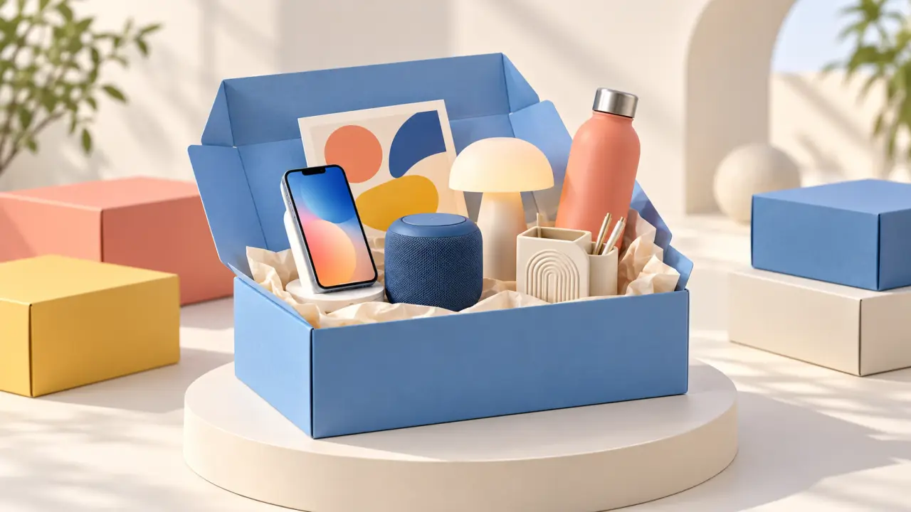 Sélection d’objets design et d’accessoires lifestyle dans une box à déballer