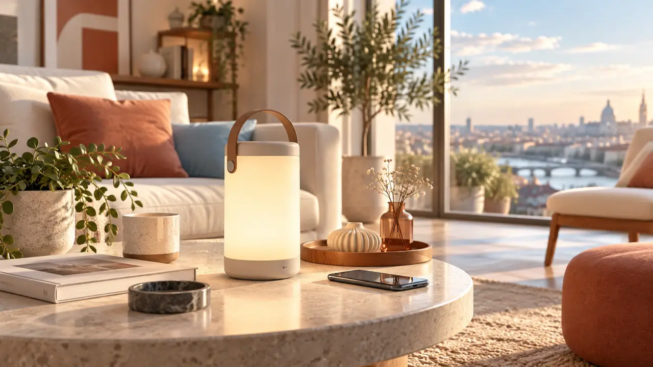 Lampe nomade design posée dans un intérieur contemporain