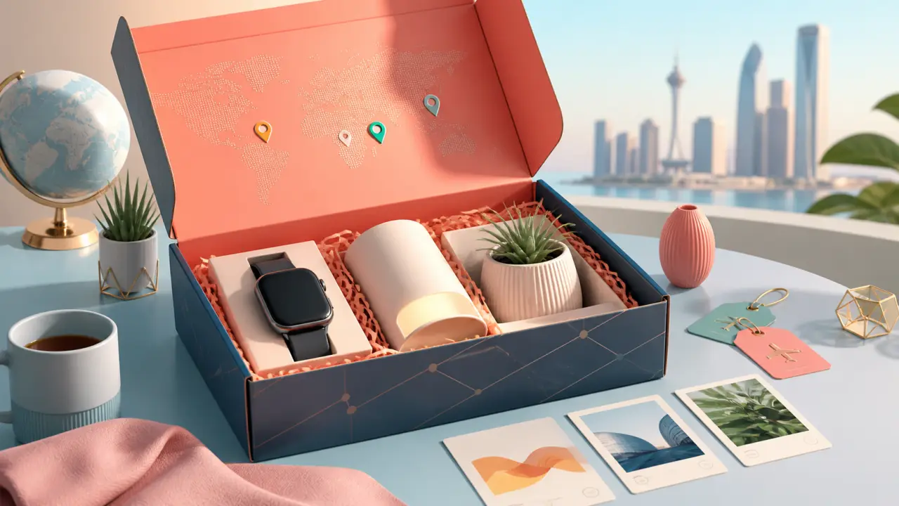 Boîte design ouverte laissant apparaître des objets tendance design-tech