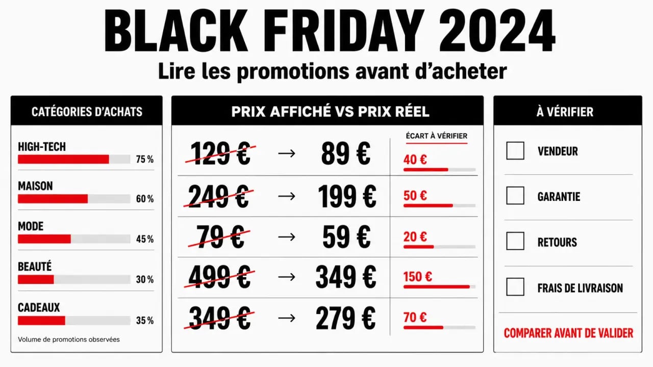 Promos black friday 2024 : infographie éditoriale des catégories à surveiller et des pièges à éviter
