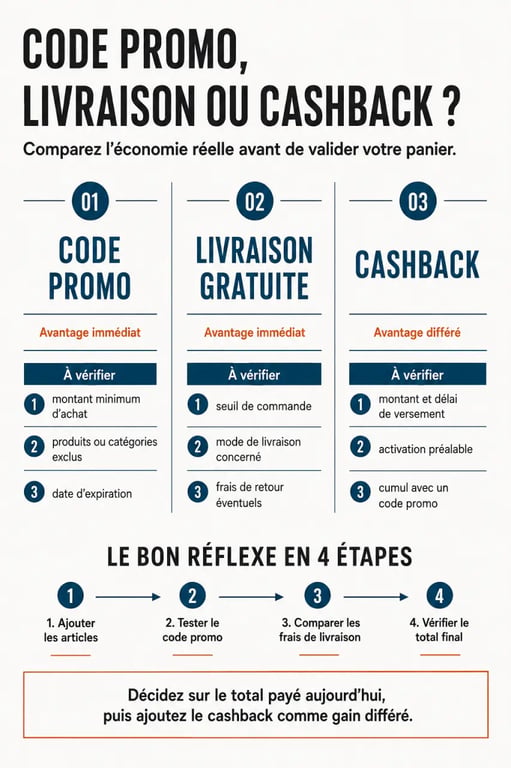 Code promo octobre : comparer remise immédiate, livraison gratuite et cashback avant le paiement