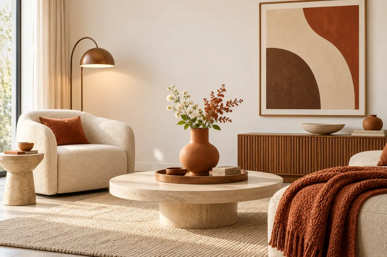 Idées cadeaux décoration avec lampe, vase, plaid et plateau dans un intérieur chaleureux