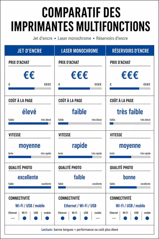 Comparatif imprimantes multifonctions : jet d’encre, laser et réservoirs d’encre