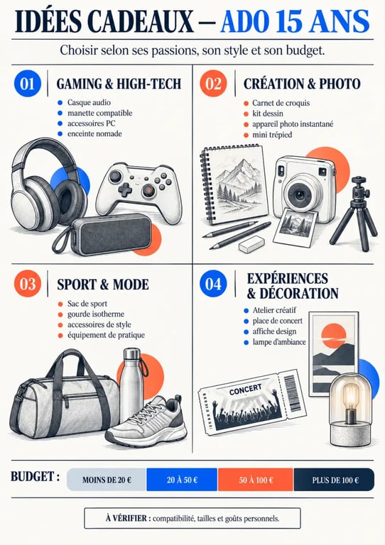Infographie d’idées de cadeau ado 15 ans classées par passion et budget