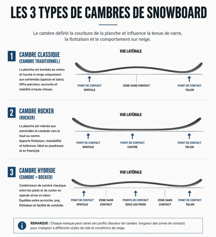 Infographie comparative des cambres de snowboard pour choisir son équipement