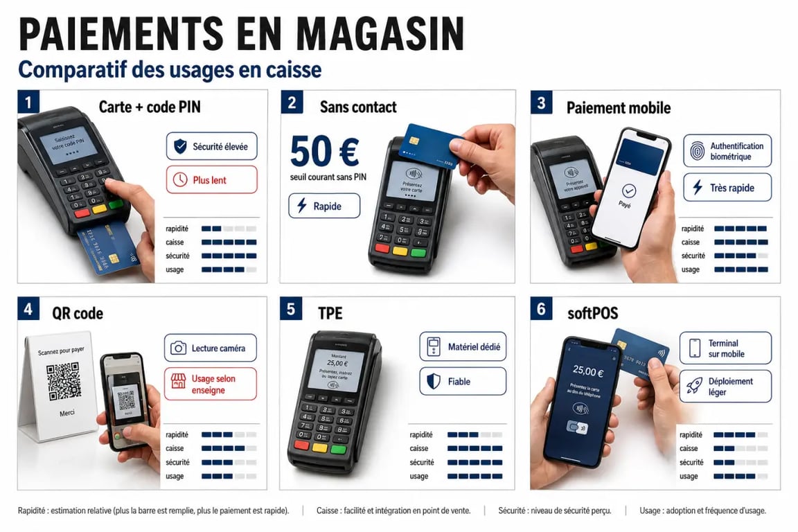 Paiement en magasin : comparatif des moyens de paiement en caisse, sans contact, mobile, QR code, TPE et softPOS