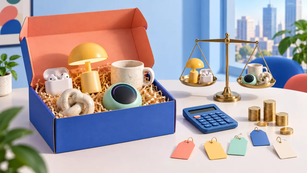 Box design mensuelle ouverte avec des objets tendance colorés