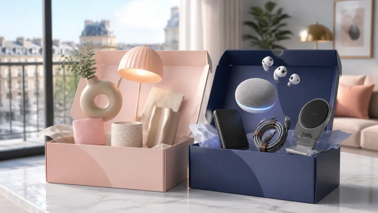 Box surprise ouverte avec objets design et gadgets colorés