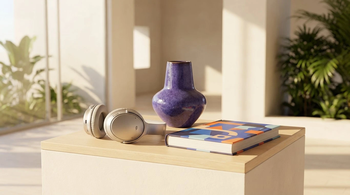 Contenu de la box février 2026 : casque audio Bluetooth, vase en céramique violet, carnet à couverture graphique