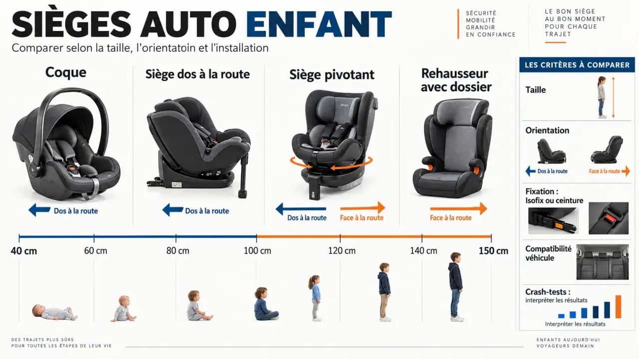 Comparatif siège auto selon la taille de l'enfant, l'orientation et le système de fixation