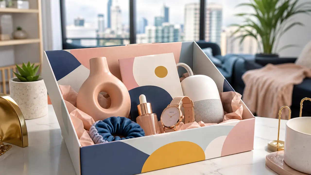 Boîte design ouverte laissant apparaître des objets tendance, entre déco et tech
