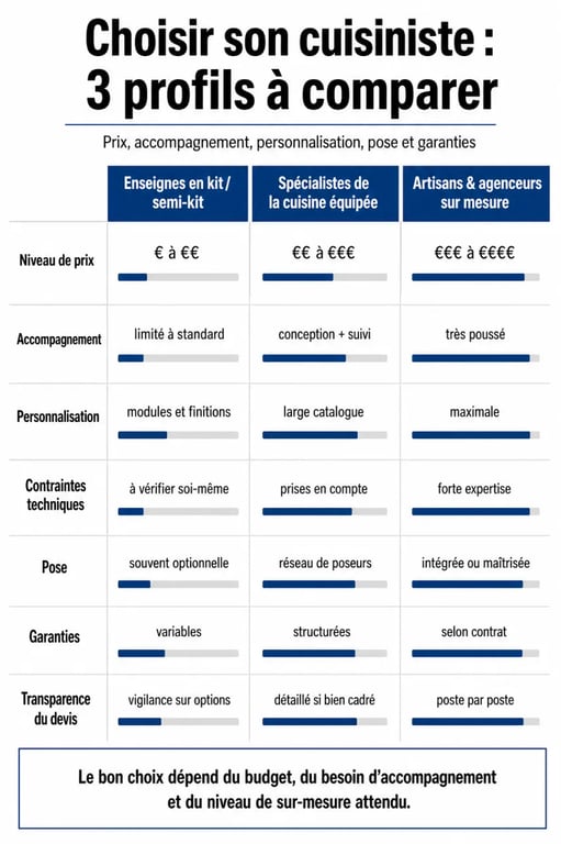 Comparatif cuisiniste : infographie des trois familles de cuisinistes et des critères clés à comparer