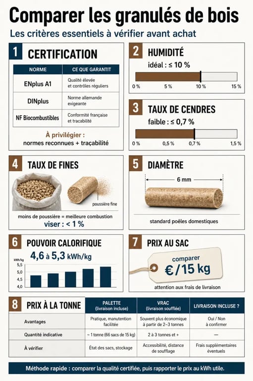 Comparatif pellets : infographie des critères essentiels pour choisir des granulés de bois