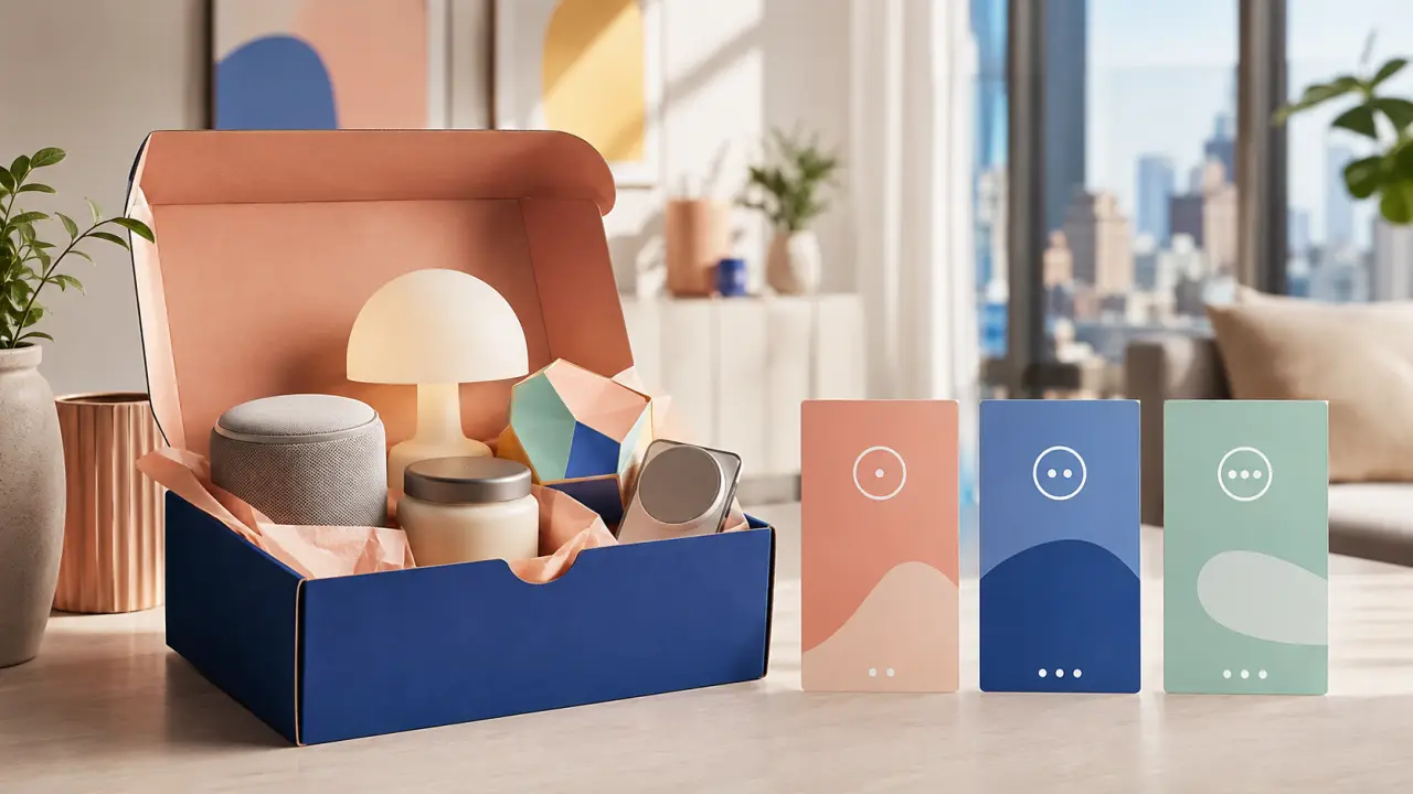 Box design ouverte avec des objets tendance, tech et décoration lifestyle
