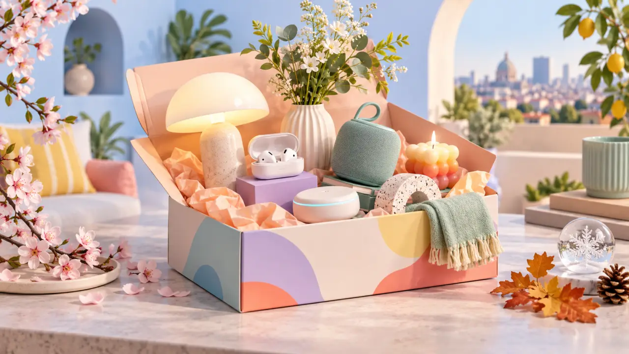Objets déco et gadgets tech tendance disposés dans un intérieur coloré