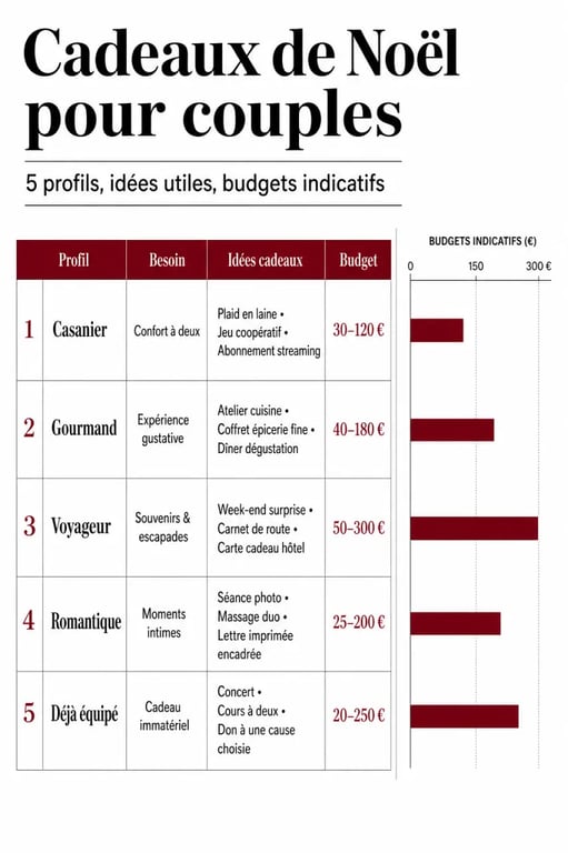 Cadeaux couple noel : infographie éditoriale des idées cadeaux par profil de couple et budget