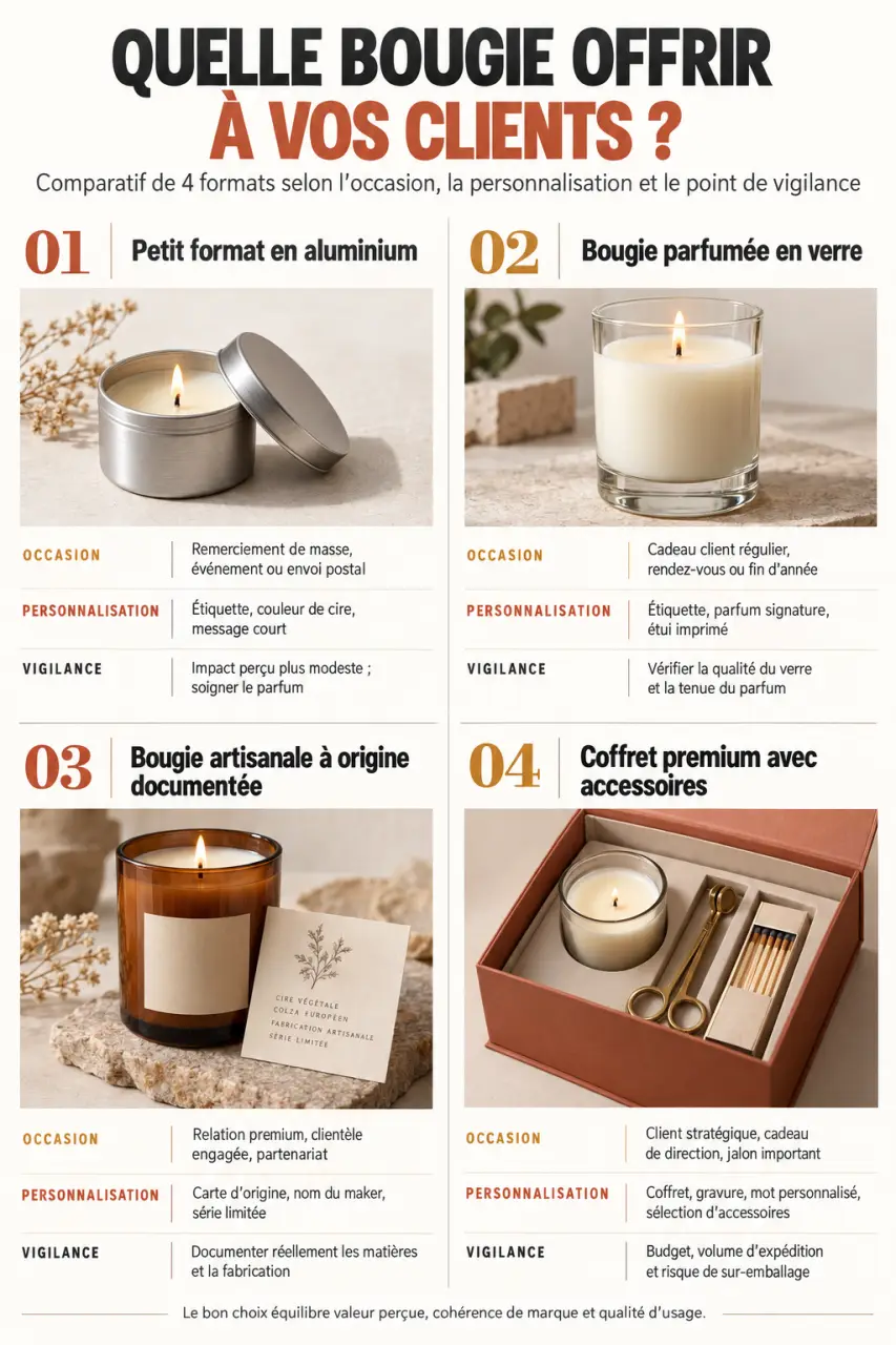 Infographie bougie idées cadeaux clients : formats, personnalisation et points de vigilance