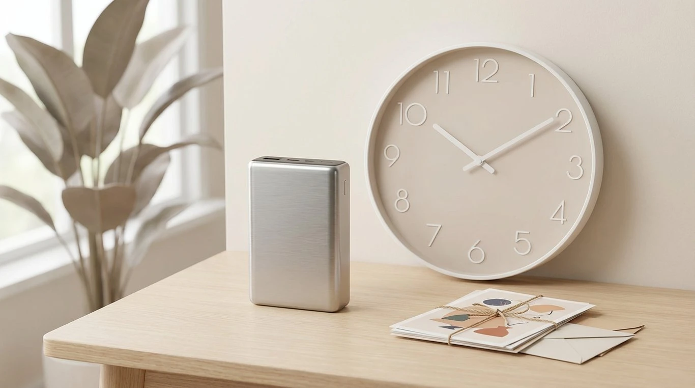 Contenu de la box octobre 2025 : batterie externe compacte, horloge murale minimaliste, set de cartes postales artistiques