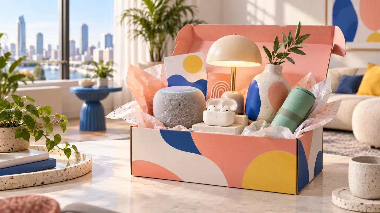 Box mensuelle design ouverte avec des objets tendance de décoration et de technologie