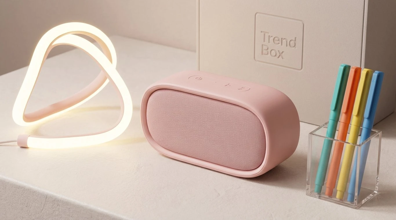 Contenu de la box janvier 2026 : enceinte portable rose, lampe LED design, set de stylos colorés