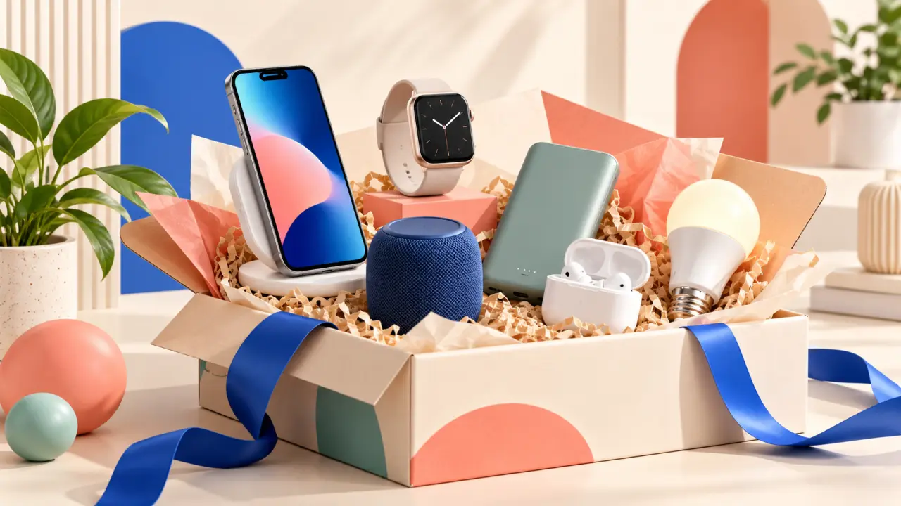 Sélection de gadgets tech design et utiles sur un bureau moderne