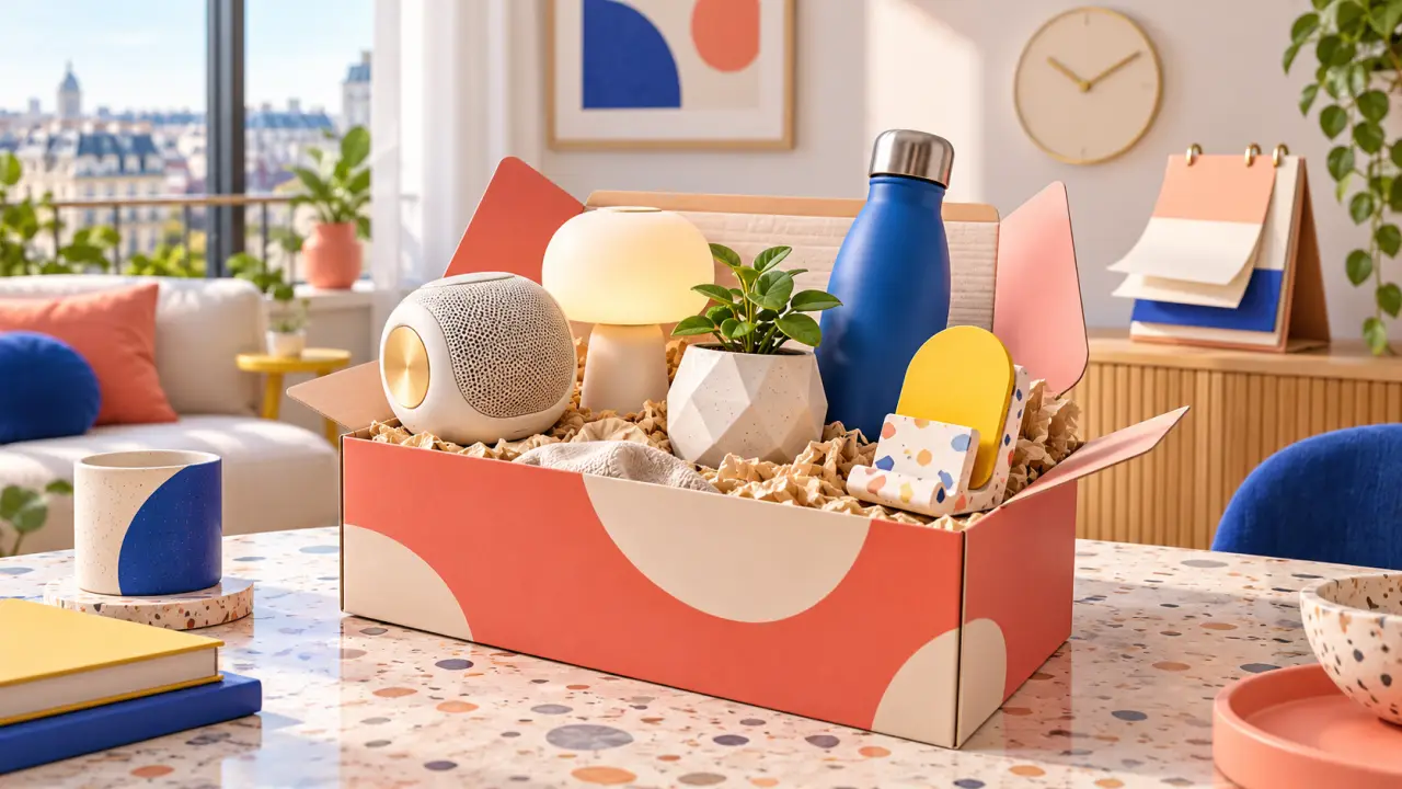 Box design ouverte avec cinq objets tendance colorés
