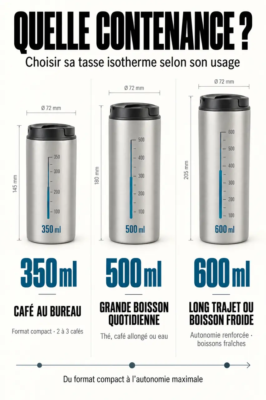 Comparaison des contenances d’une tasse isotherme de 350, 500 et 600 ml selon les usages