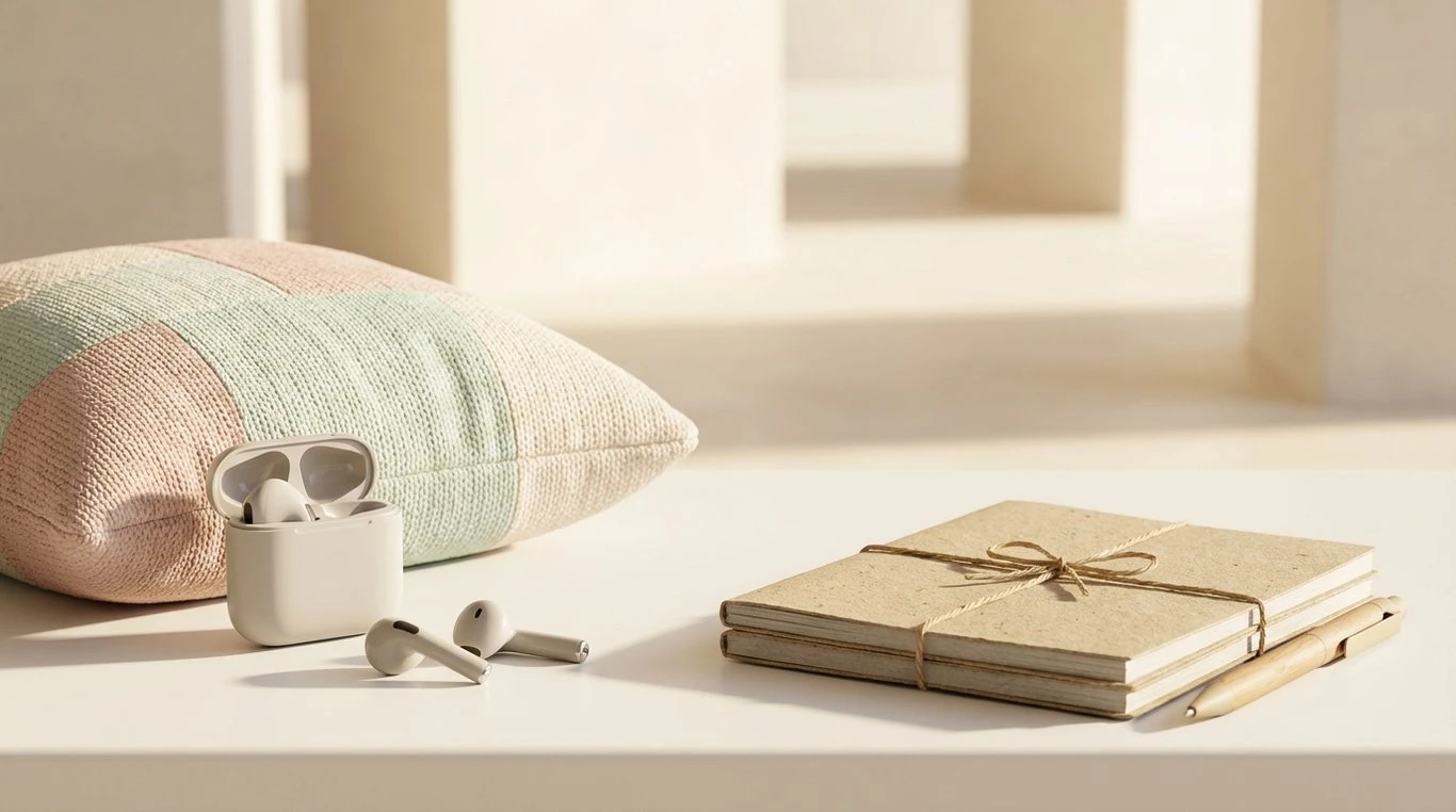 Contenu de la box novembre 2025 : écouteurs sans fil, coussin décoratif pastel, bloc-notes recyclé
